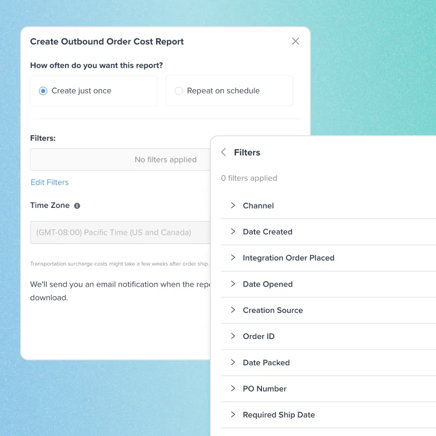 User interface for creating an Outbound Order Cost Report selecting report frequency and applying filters like Channel, Date Created, Order ID, and Required Ship Date.