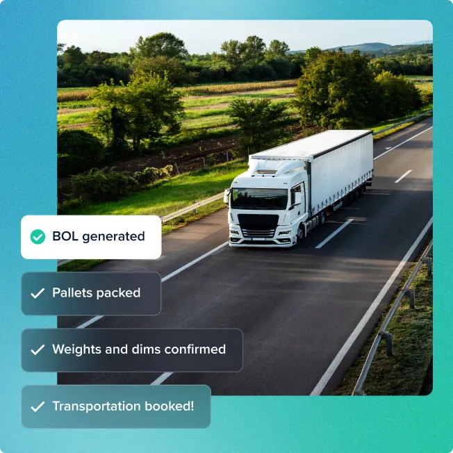White semi-truck driving on a highway with checklist items for shipping and logistics tasks.