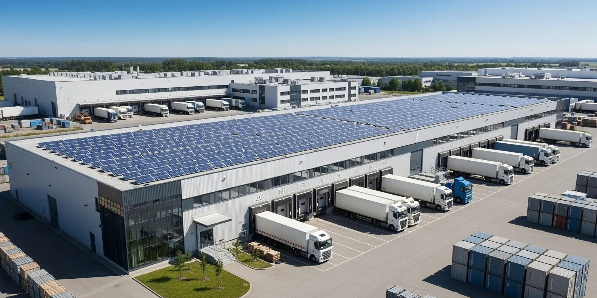 Large warehouse with solar panels on the roof and several white trucks docked for loading and unloading.