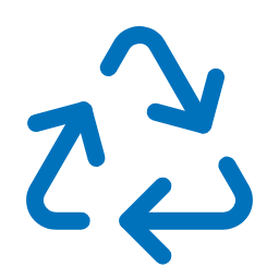 Blaues Recycling-Symbol mit drei Pfeilen in Dreiecksform.