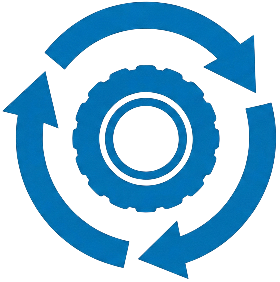 Blaues Zahnradsymbol mit drei kreisförmigen Pfeilen, die Rotation oder Prozess symbolisieren.