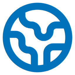 Blaues Symbol der Erde mit stilisierten Kontinenten auf weißem Hintergrund.