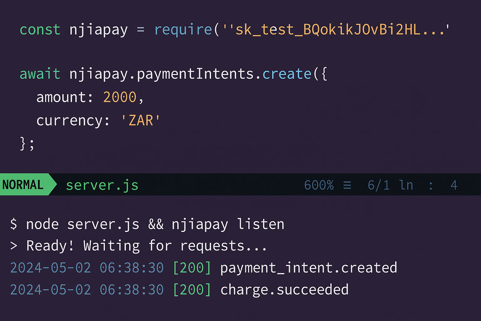 Code snippet showing Node.js usage of njiapay to create a payment intent with amount 2000 and currency ZAR, followed by terminal output confirming payment intent creation and charge success.