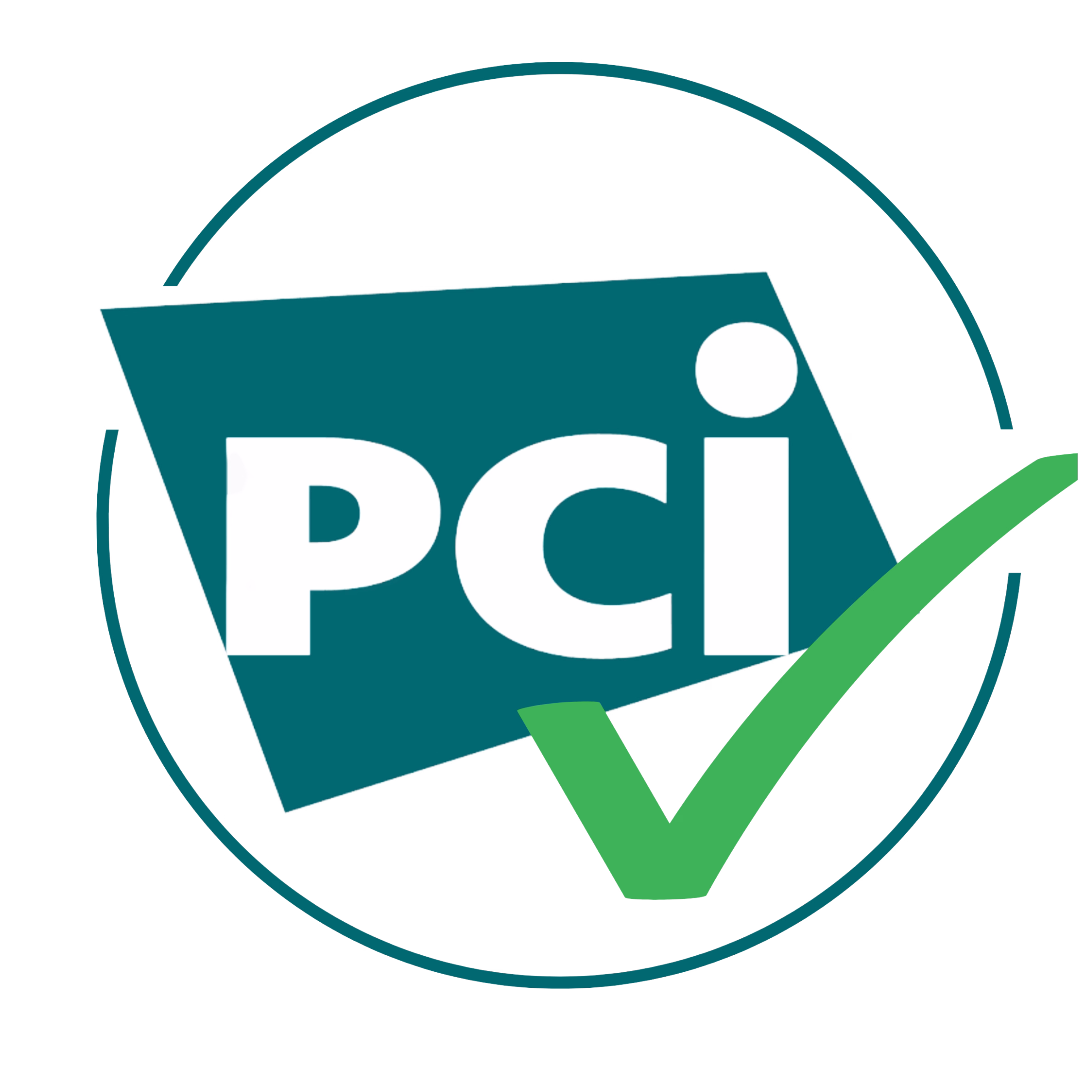 PCI security standards council badge with green checkmark inside a partial teal circle.