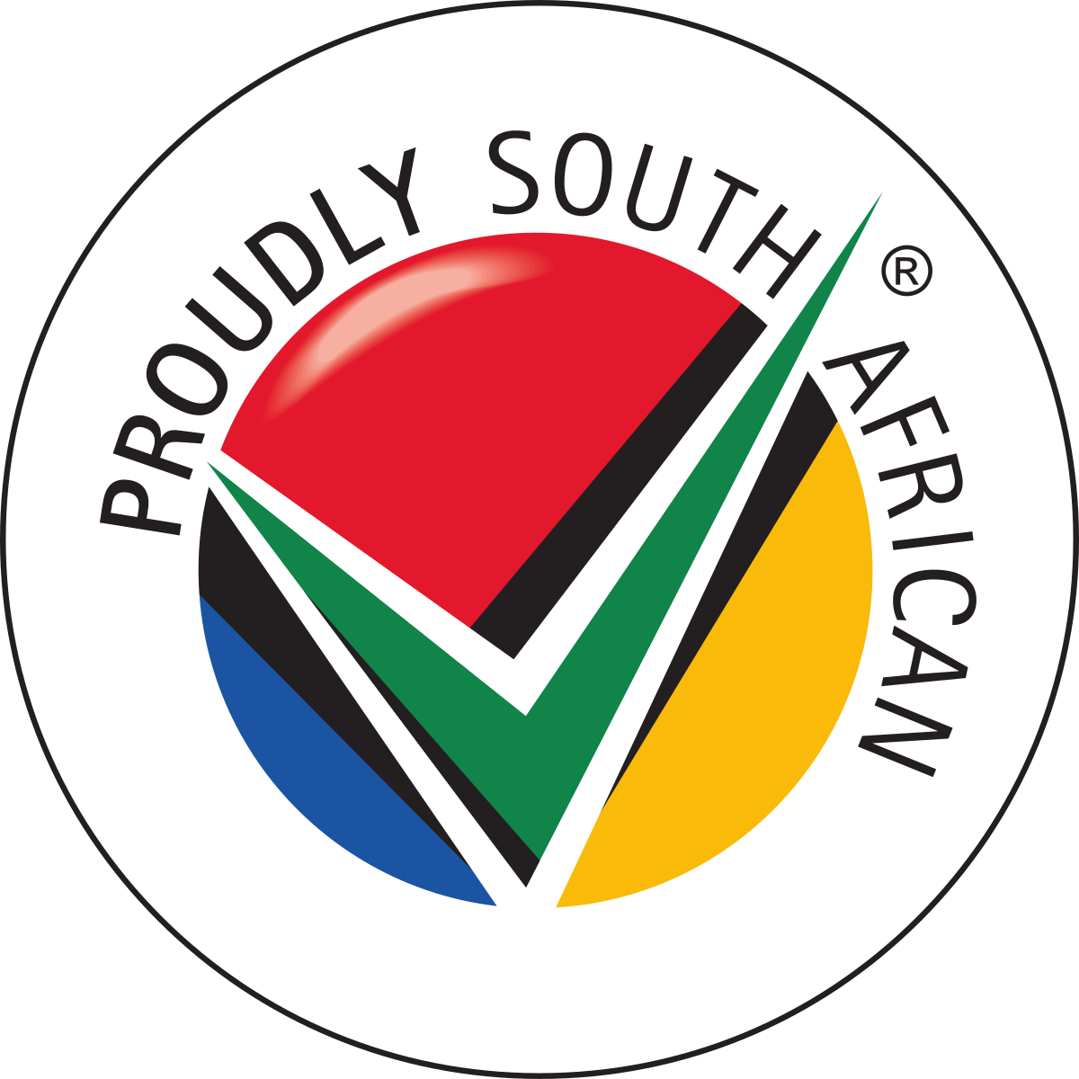 Proudly South African circular badge with a stylized multicolored checkmark in red, green, blue, yellow, and black.