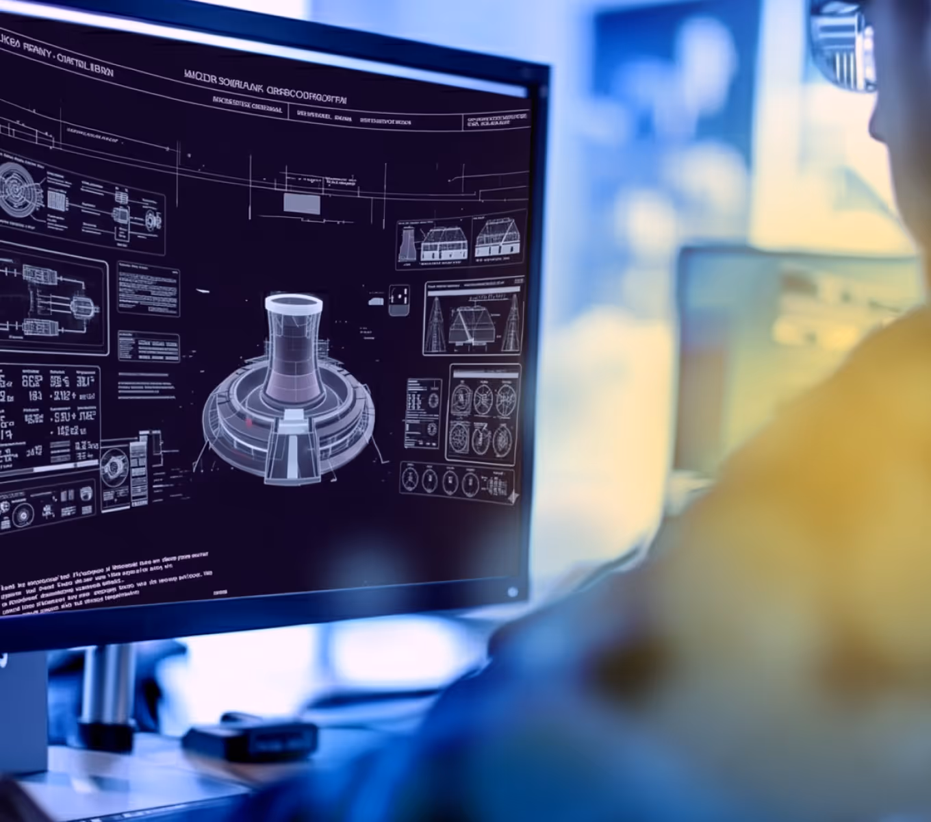 Person wearing glasses viewing a technical schematic with 3D model and engineering diagrams on a computer screen.