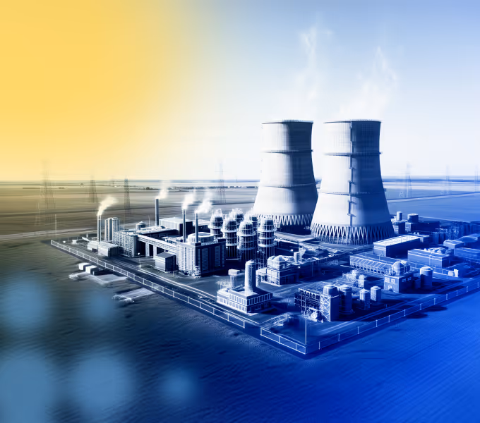 3D illustration of an industrial power plant with cooling towers and multiple smokestacks emitting steam.