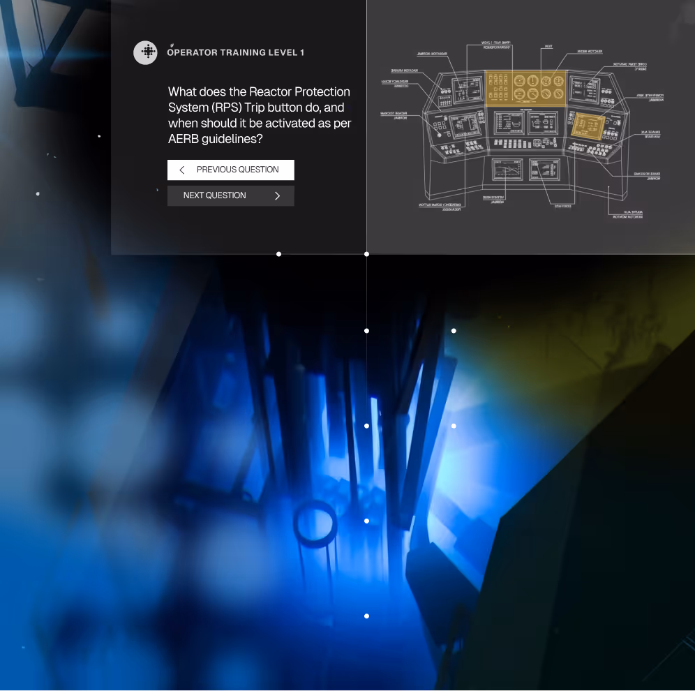 Operator training interface asking about the Reactor Protection System (RPS) trip button, alongside a schematic control panel layout with highlighted sections and a blue-toned image of reactor components.
