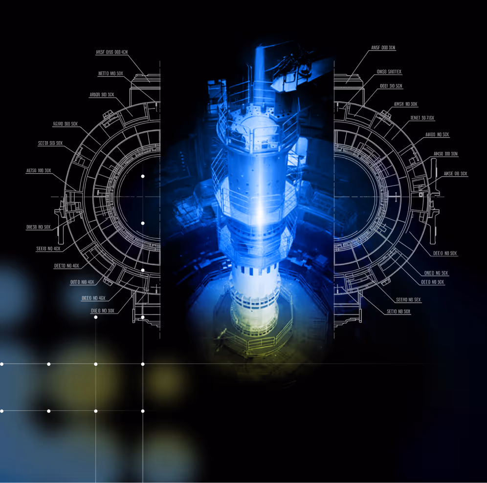 Blue-lit futuristic cylindrical structure with technical blueprint overlays on black background.