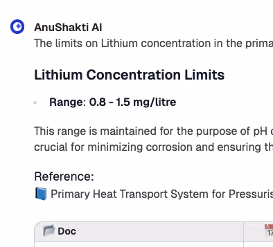 Text about lithium concentration limits showing a range of 0.8 to 1.5 mg per litre and a reference to a primary heat transport system document.