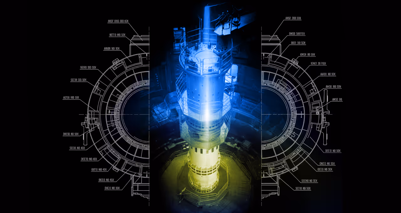 Central futuristic tower illuminated in blue and yellow light with technical blueprint diagrams on either side.
