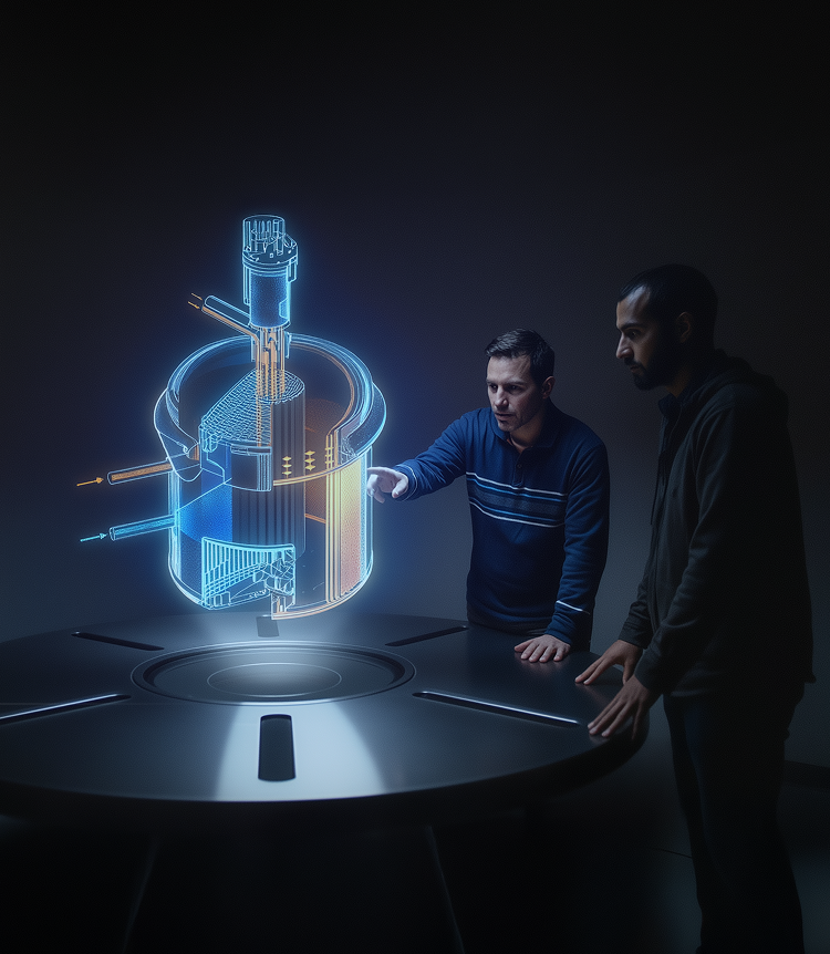 Two men examining a holographic 3D technical model projected above a round table in a dark room.