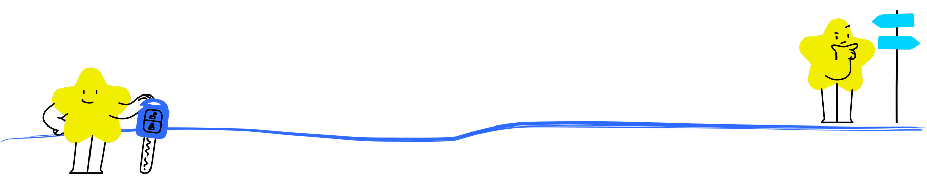 Illustration of a smiling yellow star character holding an unlocked padlock on the left and a thinking yellow star pointing at two blue direction signs on the right connected by a blue line.