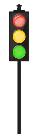 Traffic light with red, yellow, and green lights illuminated.