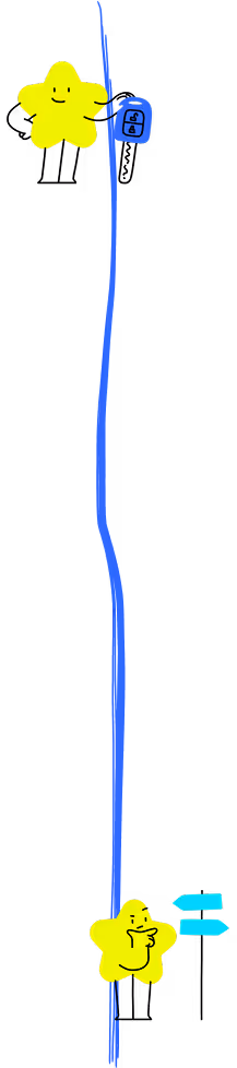 Vertical blue line connecting two smiling yellow stars, the top star holding a locked padlock and the bottom star holding an equal sign.