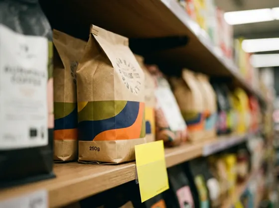 Paquets de café moulu 250 g d'une marque générique en rayon de supermarché, avec une étiquette de promotion jaune sur la tablette