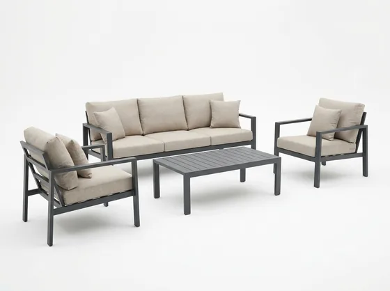Salon de jardin 4 places en aluminium gris anthracite et coussins beiges, photographié sur fond blanc&nbsp;: l'article démarqué par paliers progressifs