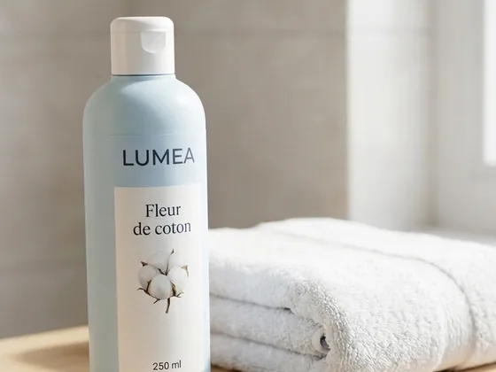 Le même flacon de gel douche Lumea Fleur de coton 250 ml posé sur une étagère de salle de bains en bois à côté d'une serviette, photo du site concurrent