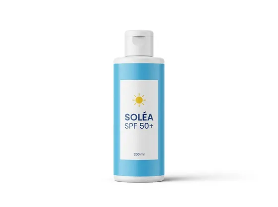 Flacon de crème solaire SPF 50+ de 200 ml, blanc et bleu ciel, photographié de face sur fond blanc