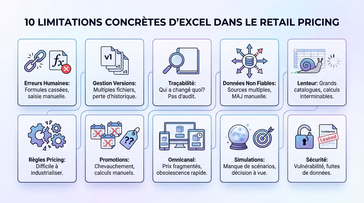 Infographic detailing the 10 limitations of Excel for retail pricing management