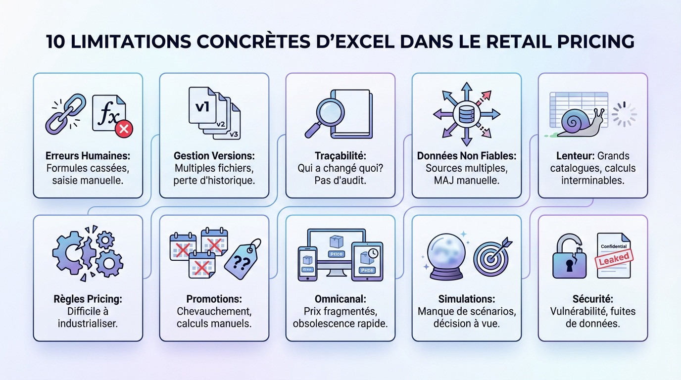 Infographic detailing the 10 limitations of Excel for retail pricing management