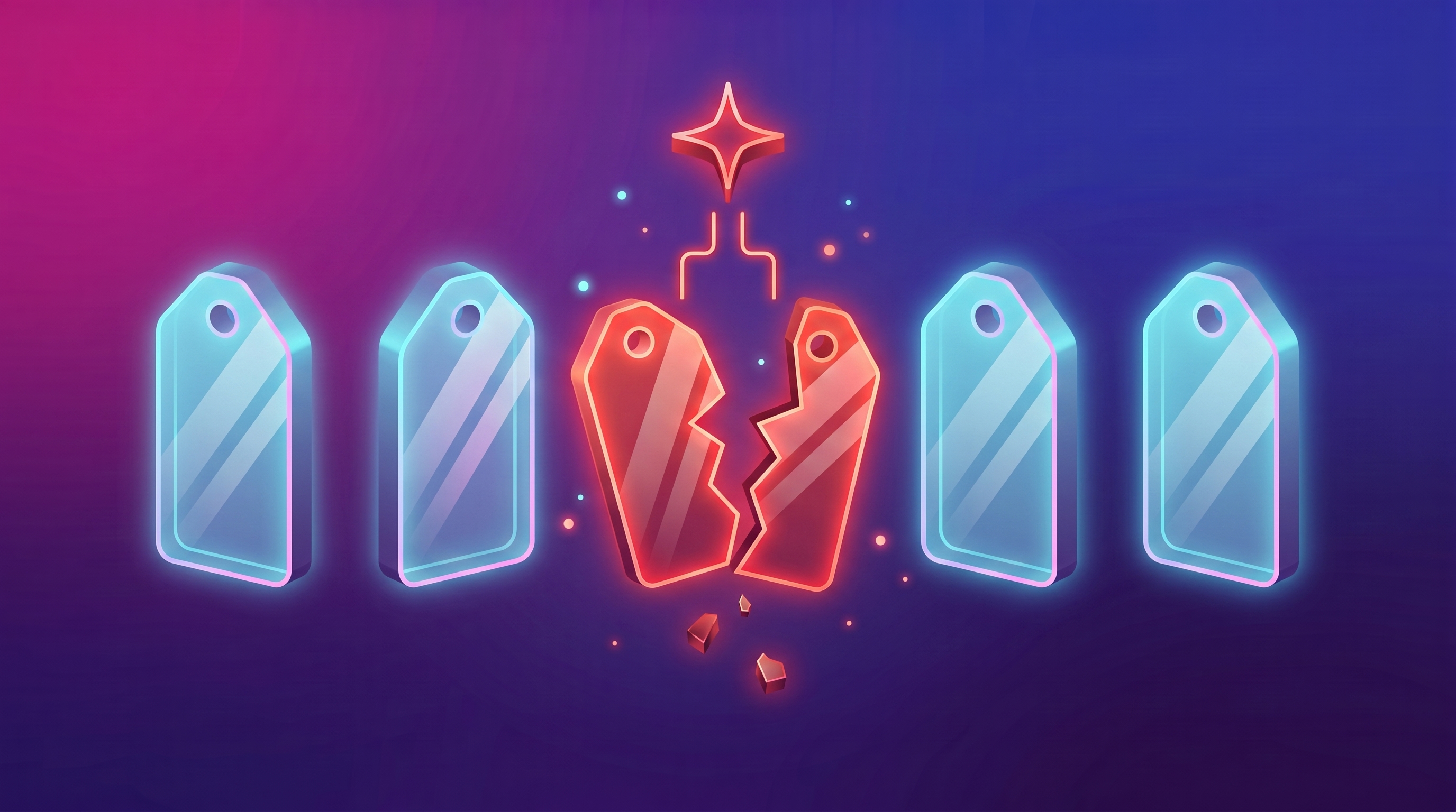 A row of isometric 3D price tags, with the one in the center broken up in red beneath a sparkling star created by generative AI