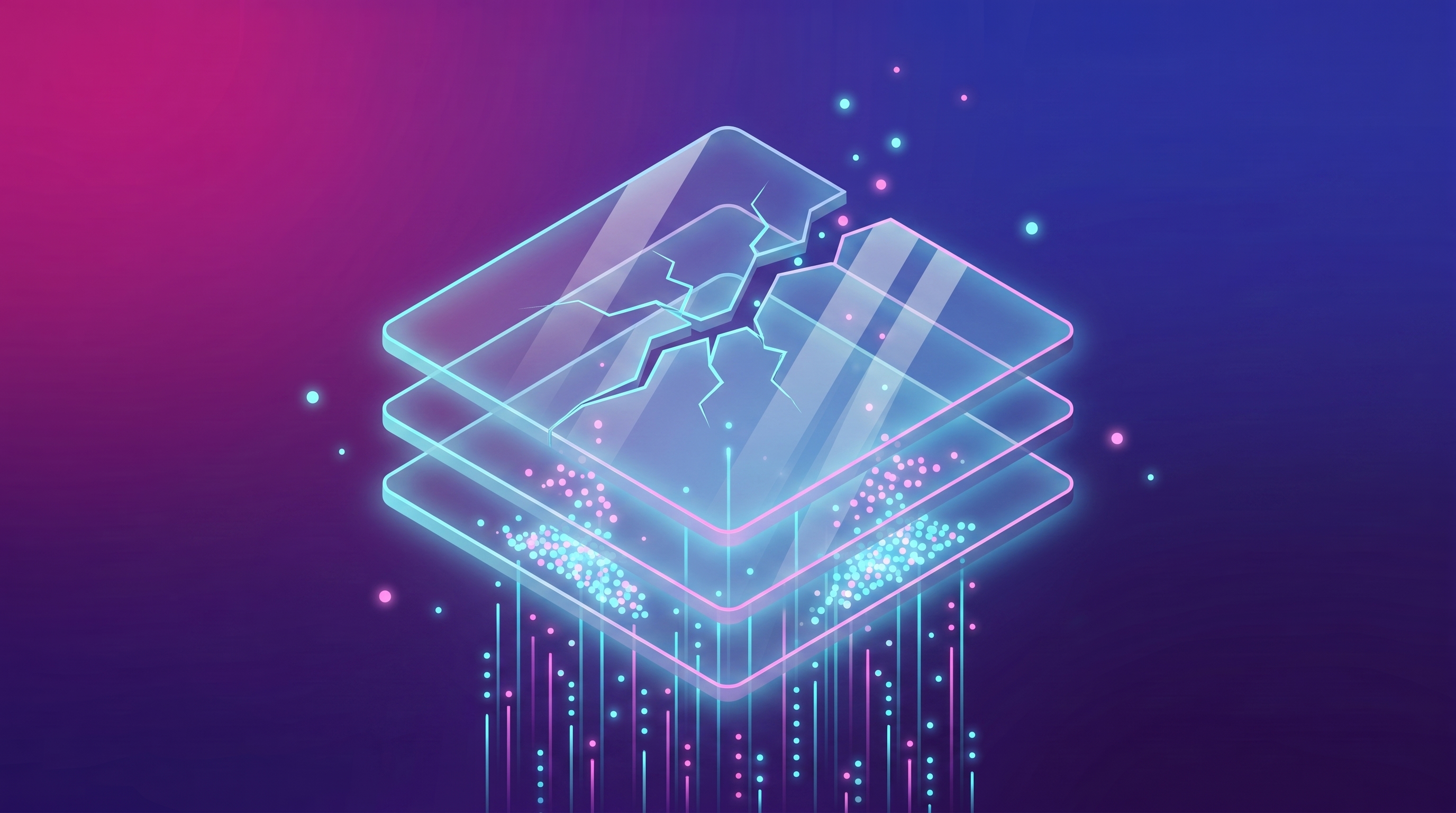 Three stacked, levitating isometric panes—the top one cracked—trapping luminous data particles that accumulate beneath them