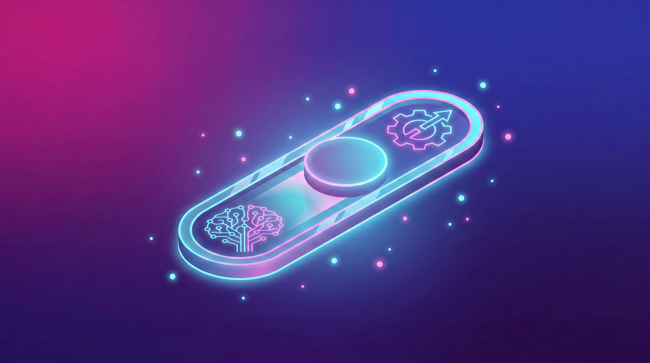 An illuminated isometric switch with a brain-circuit icon on the left and a gear icon on the right, symbolizing the distinction between decision-making AI and execution-oriented AI