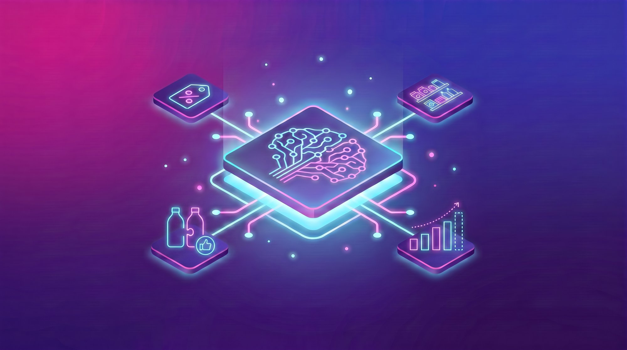 Puce IA isométrique lumineuse à motif de réseau de neurones, entourée d'icônes de promotion, d'assortiment rayon, de matching produit et de prévision de la demande, sur fond dégradé magenta à bleu nuit