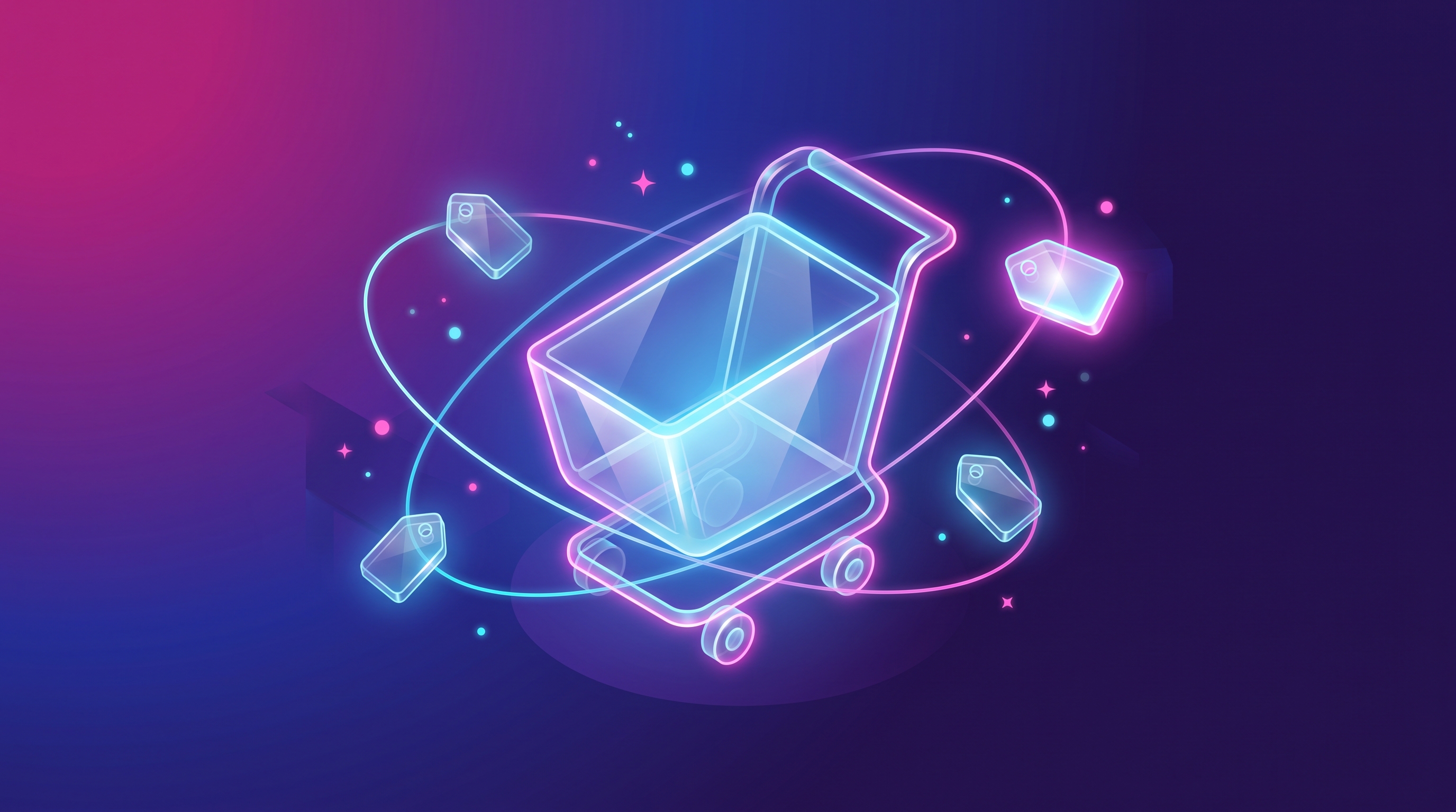 Illustration d'un chariot en verre entouré d'étiquettes de prix orbitantes symbolisant la comparaison de prix sur les marketplaces