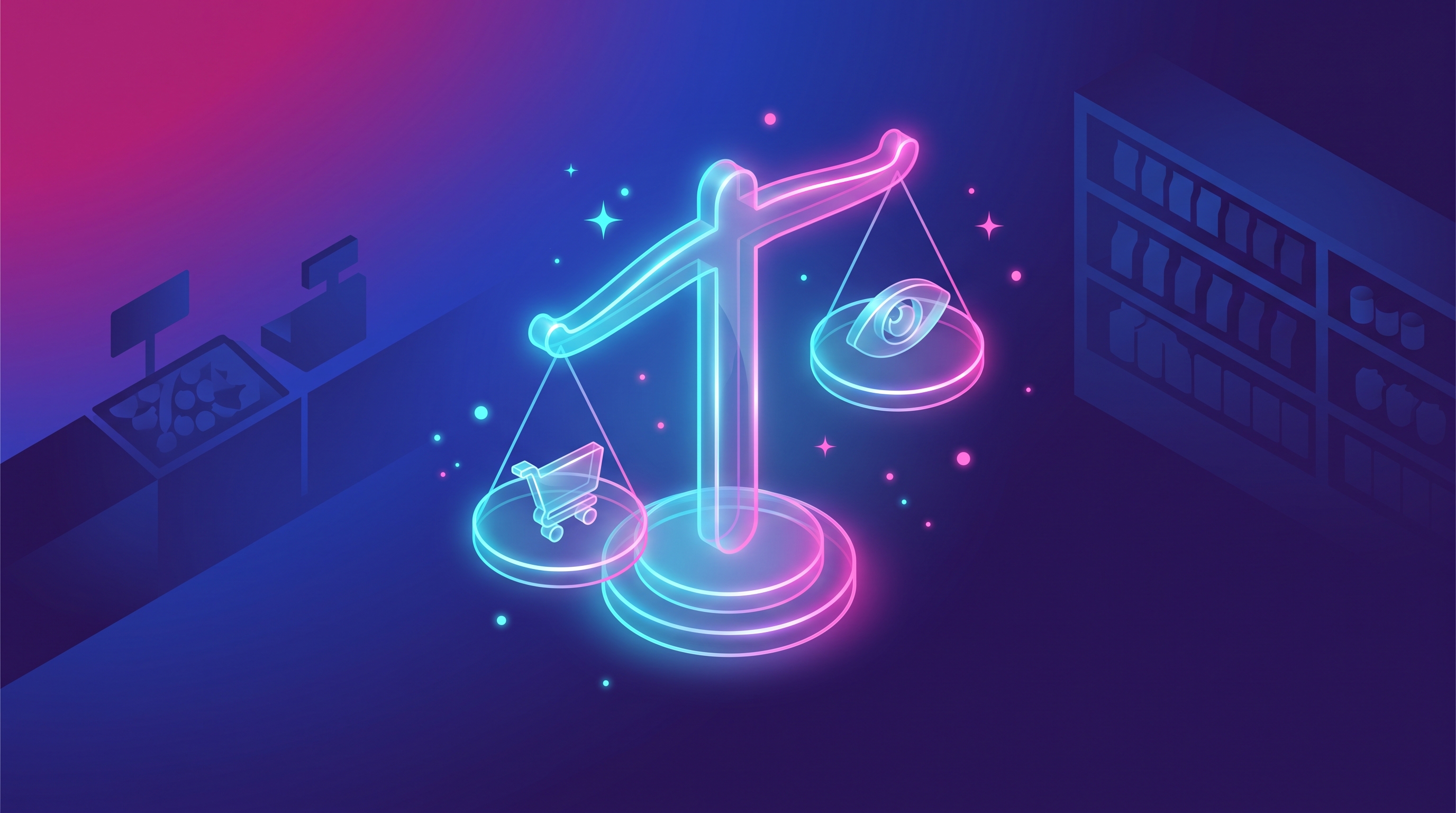 Illustration d'une balance en verre entre un chariot et un œil symbolisant l'arbitrage marge et image-prix en grande distribution
