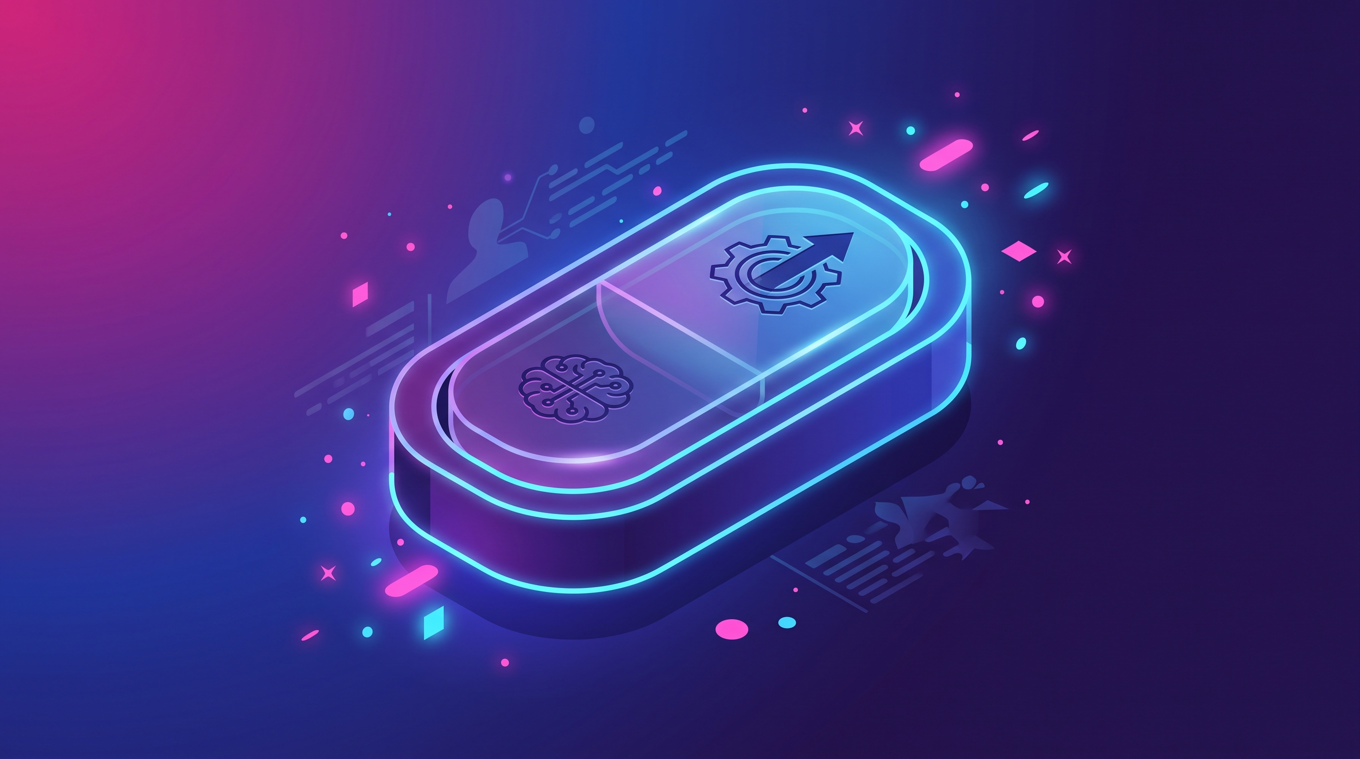 Illustration of a glass switch between a brain and a gear, symbolizing autonomous pricing by agent-based AI