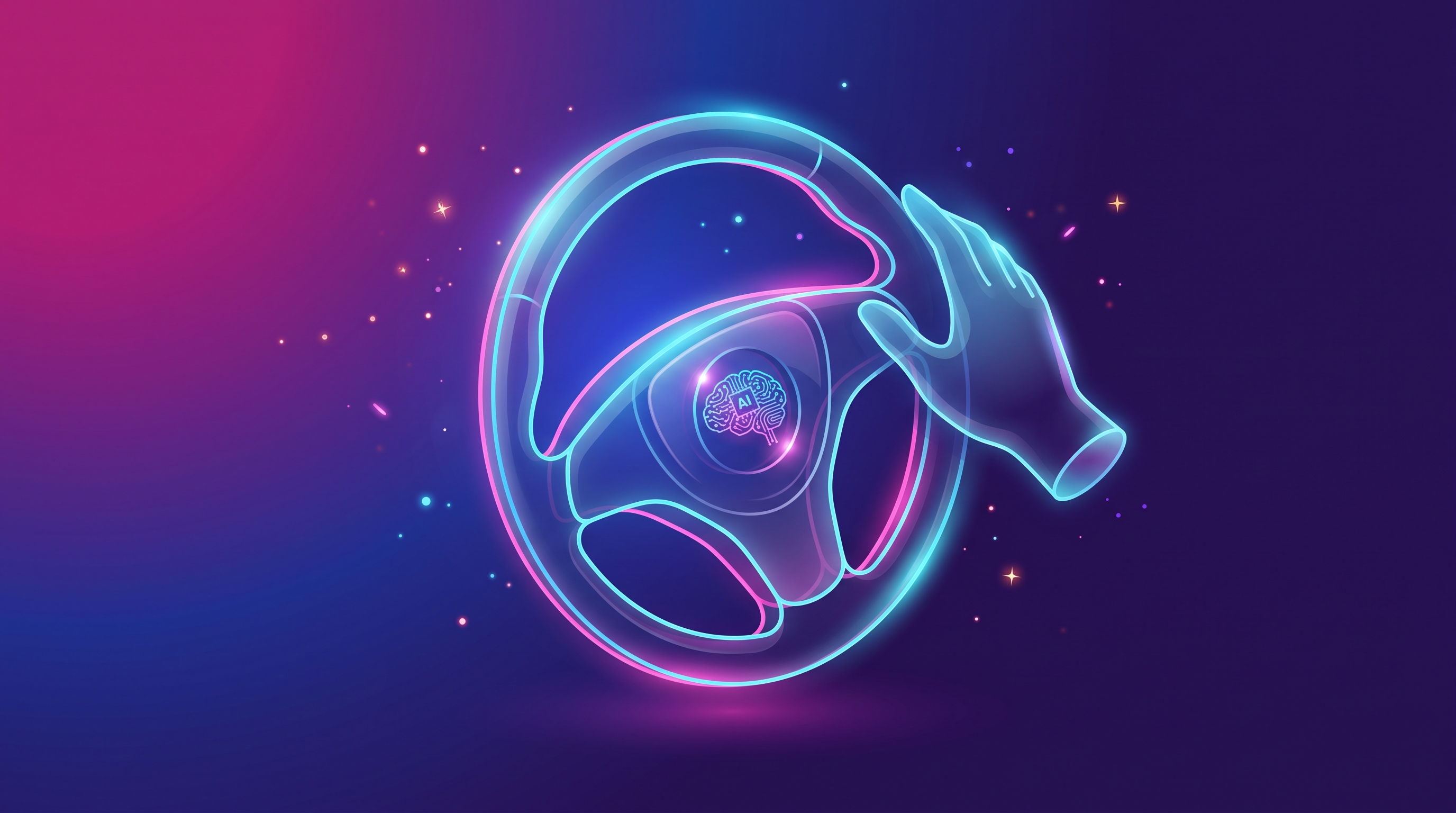 Glass steering wheel with AI and a hand, symbolizing automated pricing without losing control