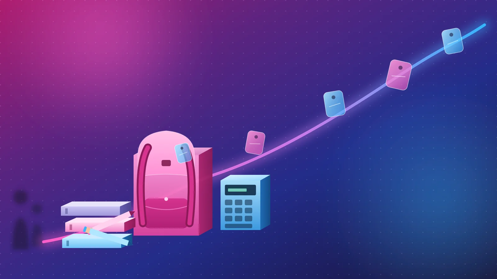 Cartable, calculatrice et cahiers en illustration isométrique, avec une courbe de prix ascendante