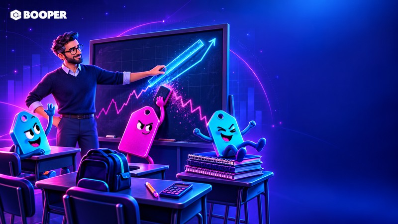 Illustration d'une salle de classe avec les mascottes Booper devant un tableau affichant une courbe de prix