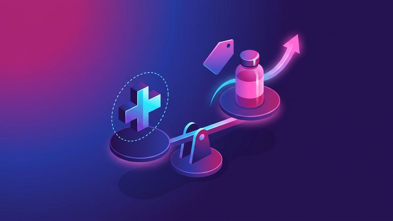 Balance stylisée entre croix pharmaceutique réglementée et flacon de parapharmacie à prix libre