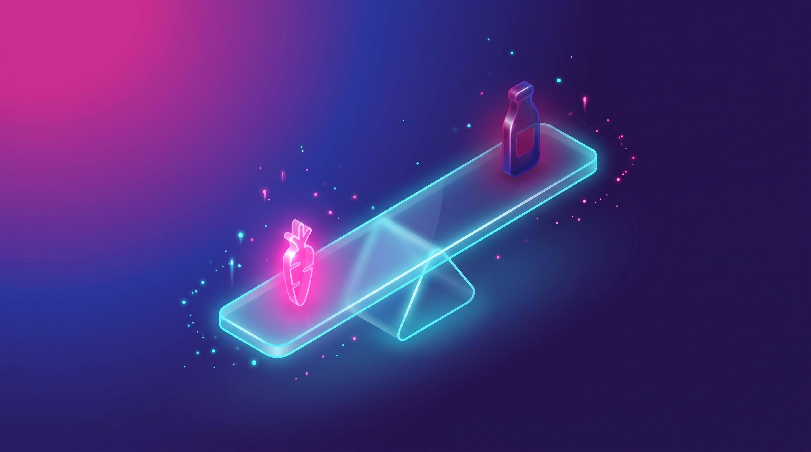 Illuminated glass icon depicting a scale with a carrot and a bottle