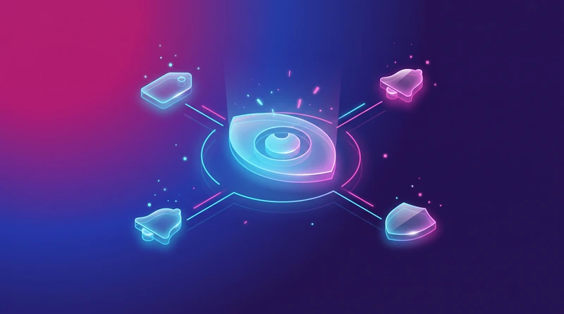 Illustration of a glass eye connected to satellite icons symbolizing the price monitoring system