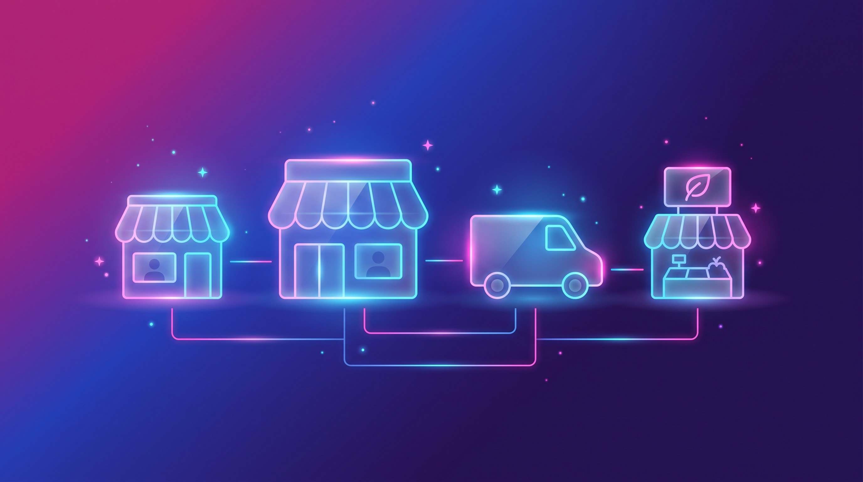 Icônes en verre lumineuses de quatre commerces reliés entre eux