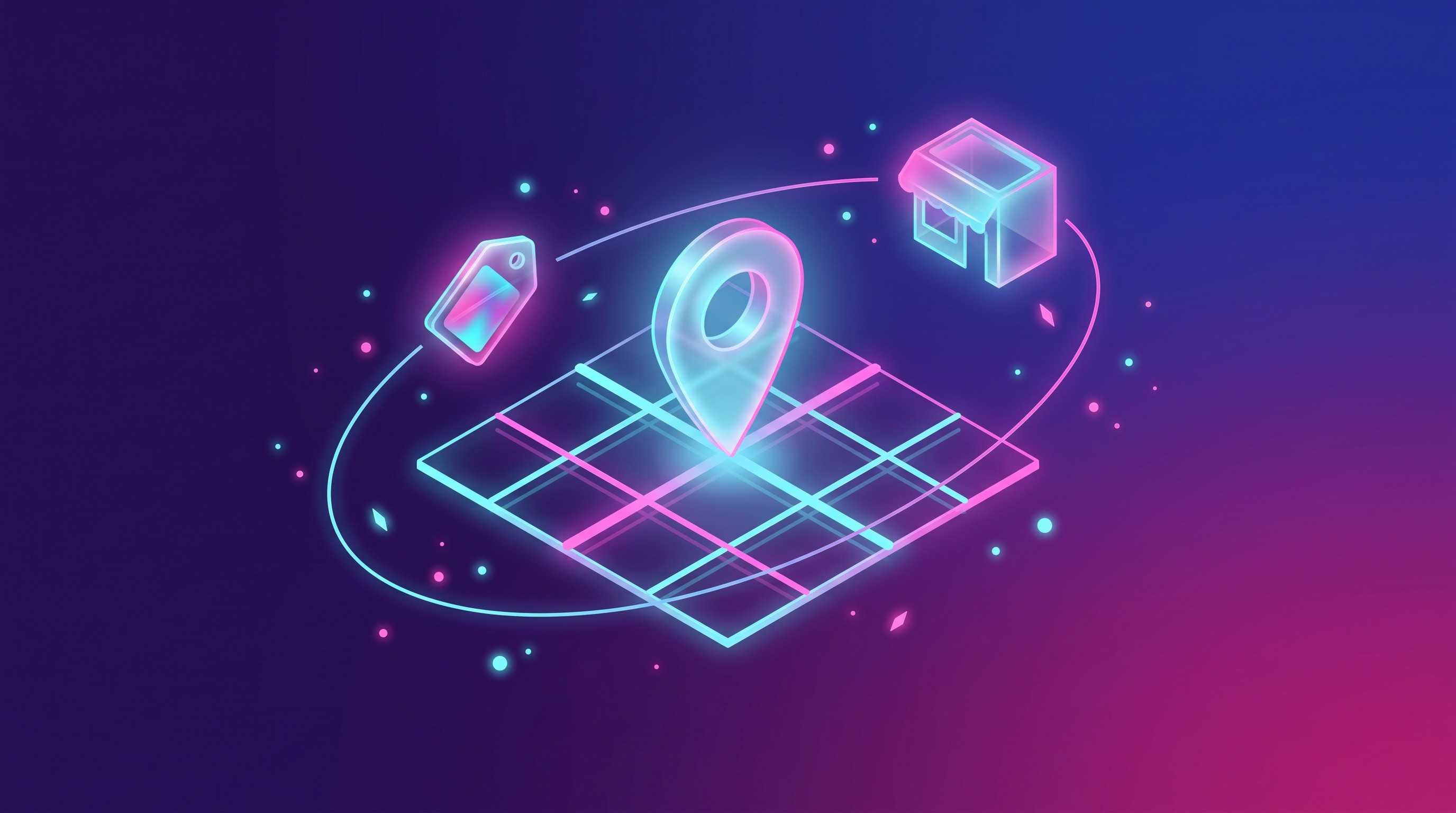 Illuminated glass icon representing a location on a map grid