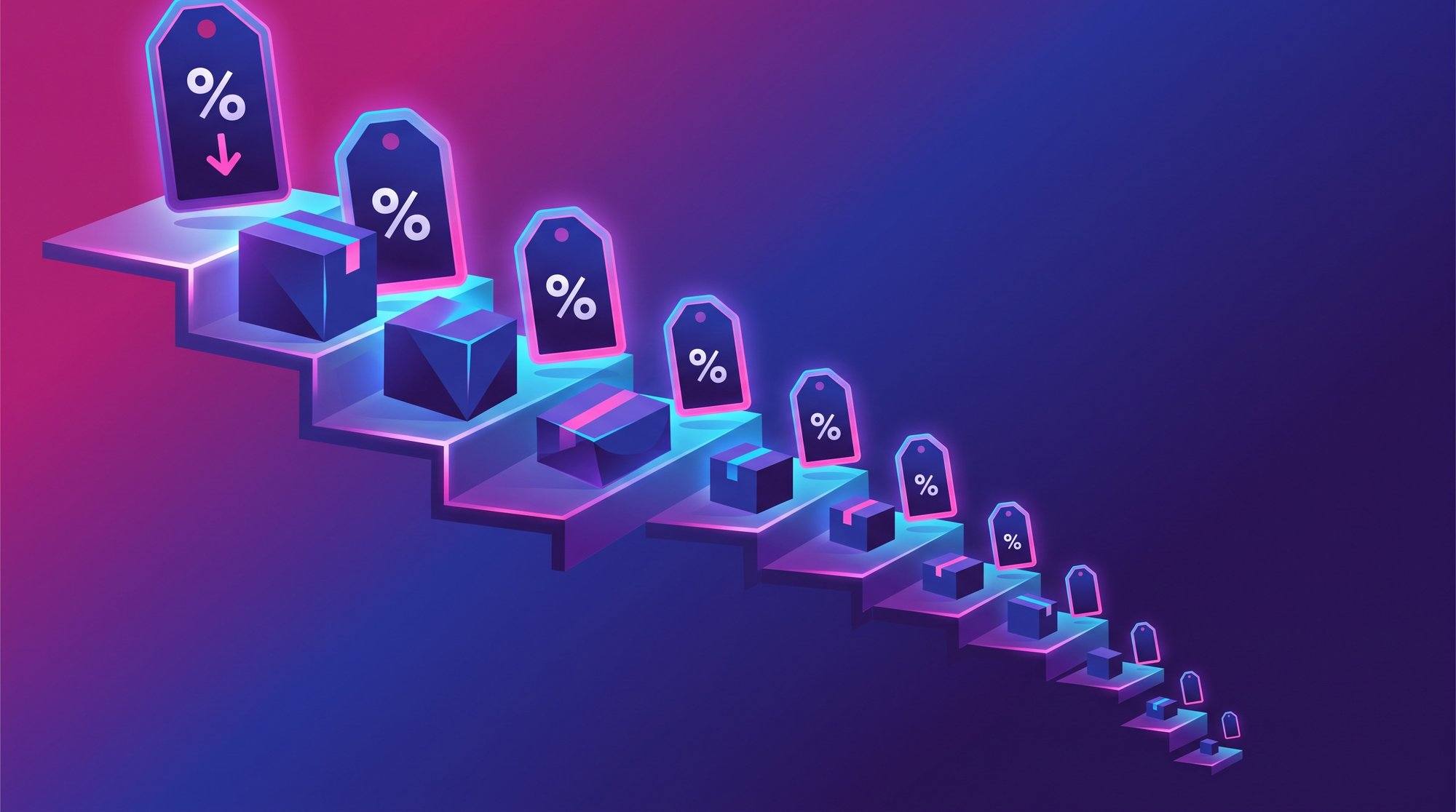 A staircase of decreasing markdown percentages symbolizing the gradual clearance of inventory