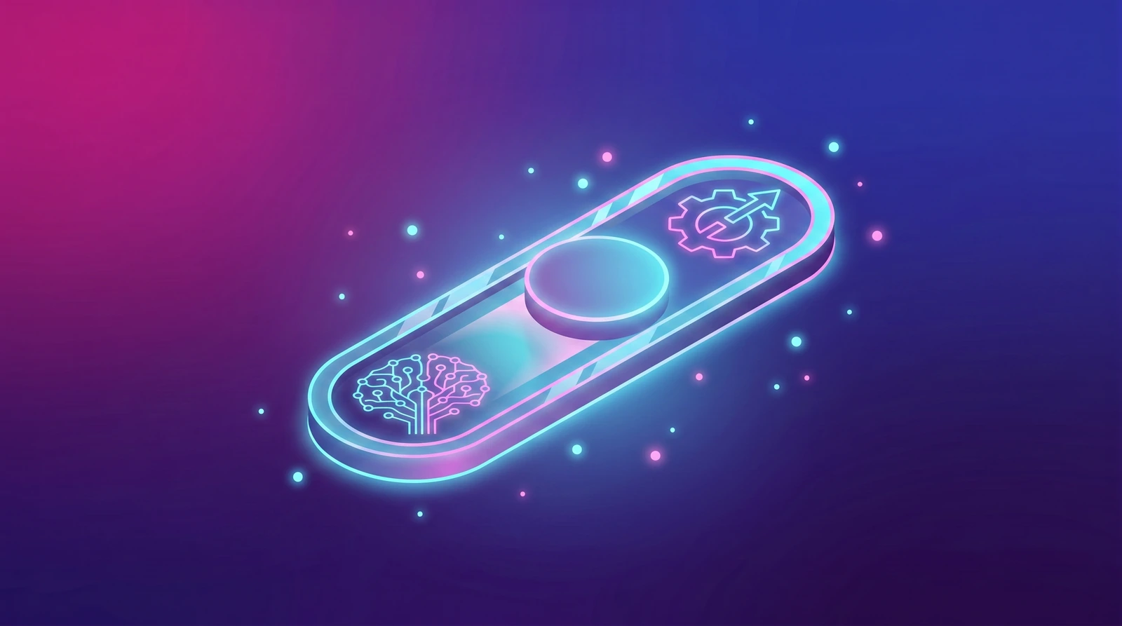 An illuminated isometric switch with a brain-circuit icon on the left and a gear icon on the right, symbolizing the distinction between decision-making AI and execution-oriented AI