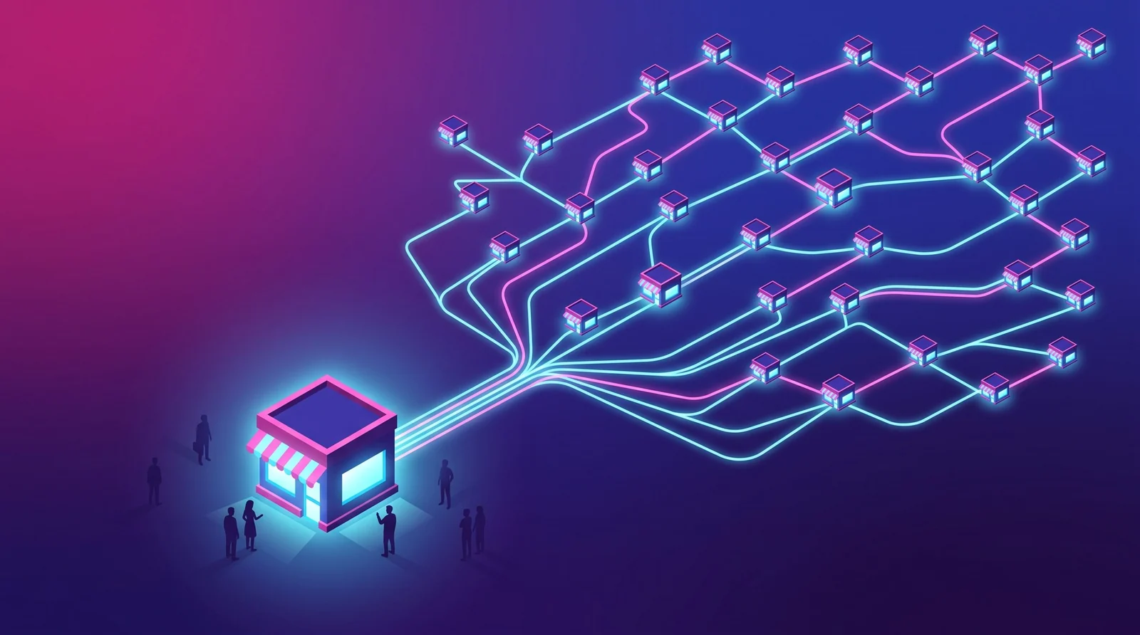 Magasin connecté par un réseau de lignes à un maillage de magasins à grande échelle