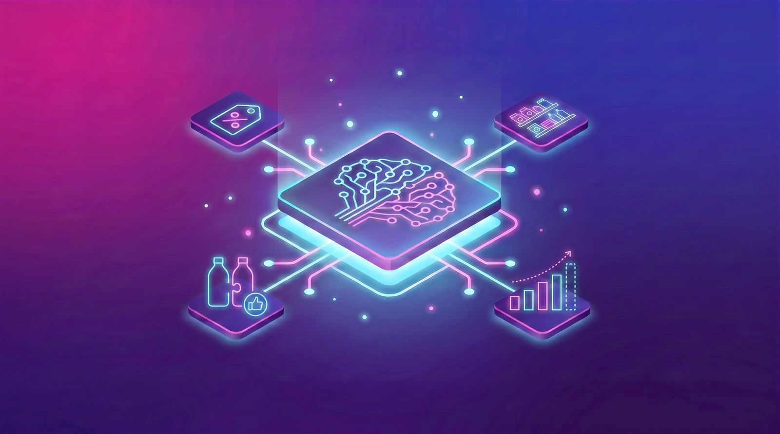 Puce IA isométrique lumineuse à motif de réseau de neurones, entourée d'icônes de promotion, d'assortiment rayon, de matching produit et de prévision de la demande, sur fond dégradé magenta à bleu nuit