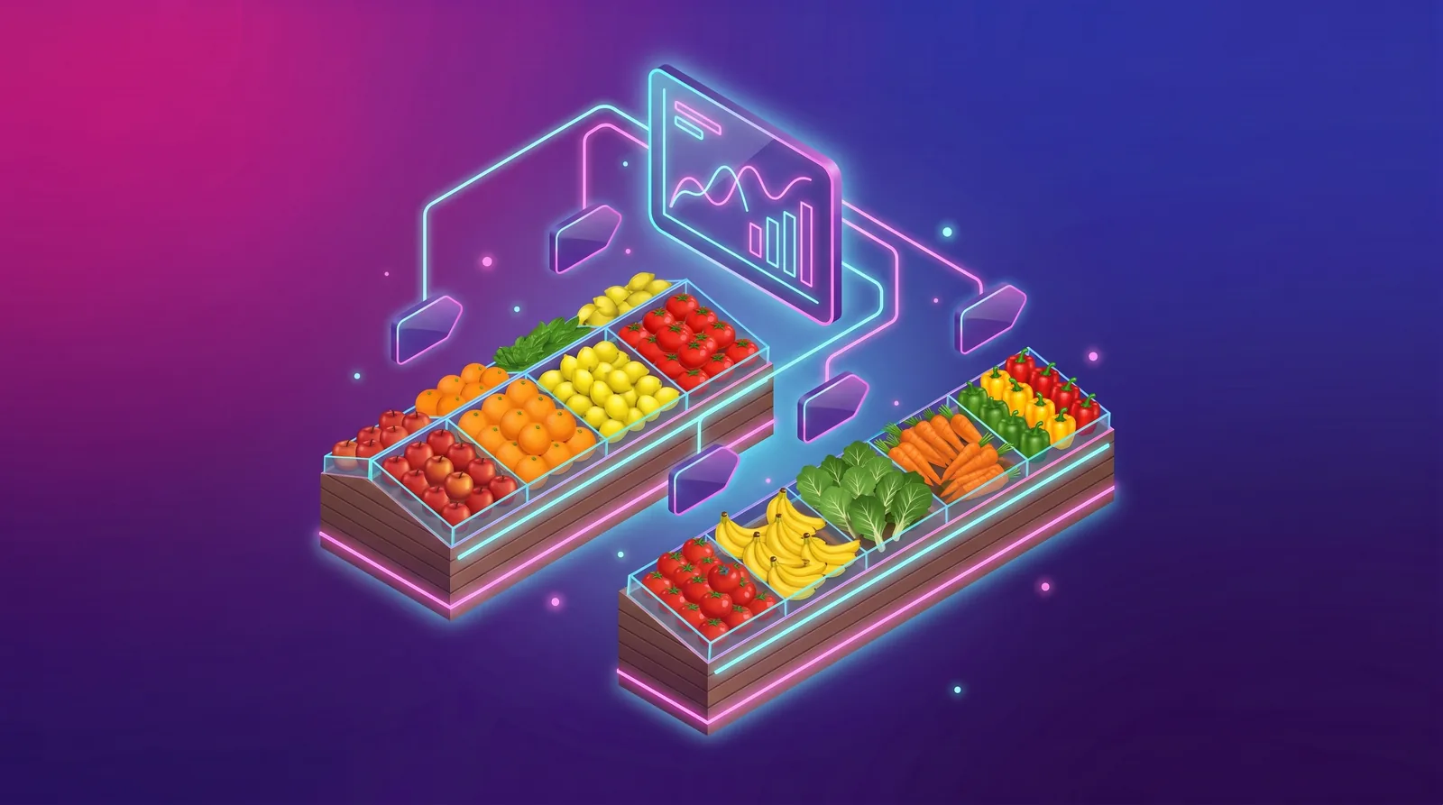 A stylized produce section linked to a price simulation chart