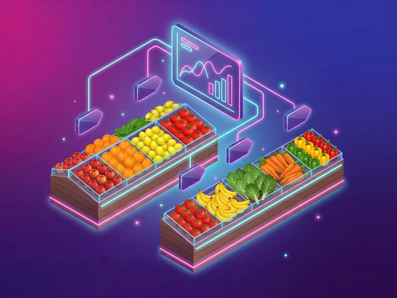 Rayon fruits et légumes stylisé relié à un tableau de simulation de prix