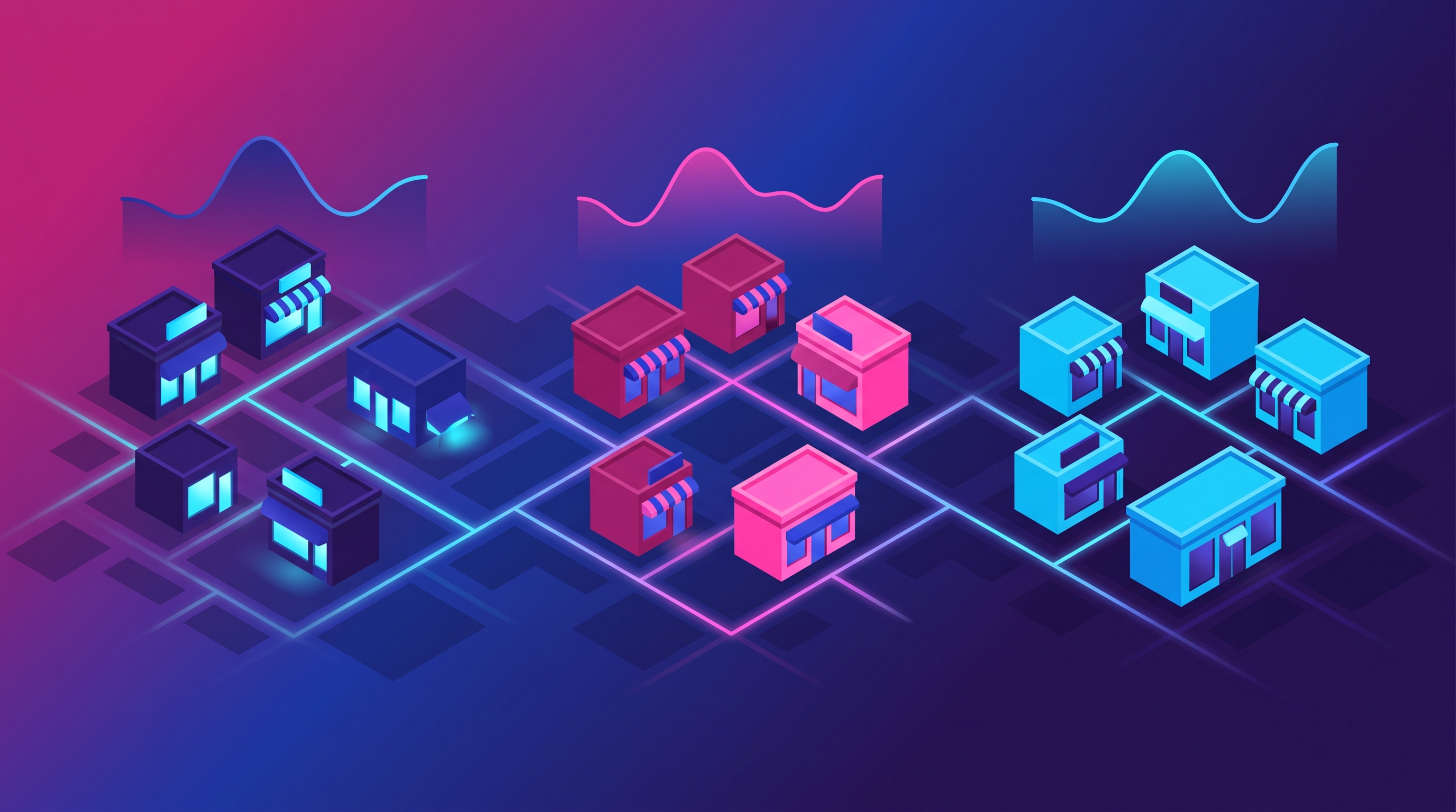 Isometric stores connected by price curves, on a purple background