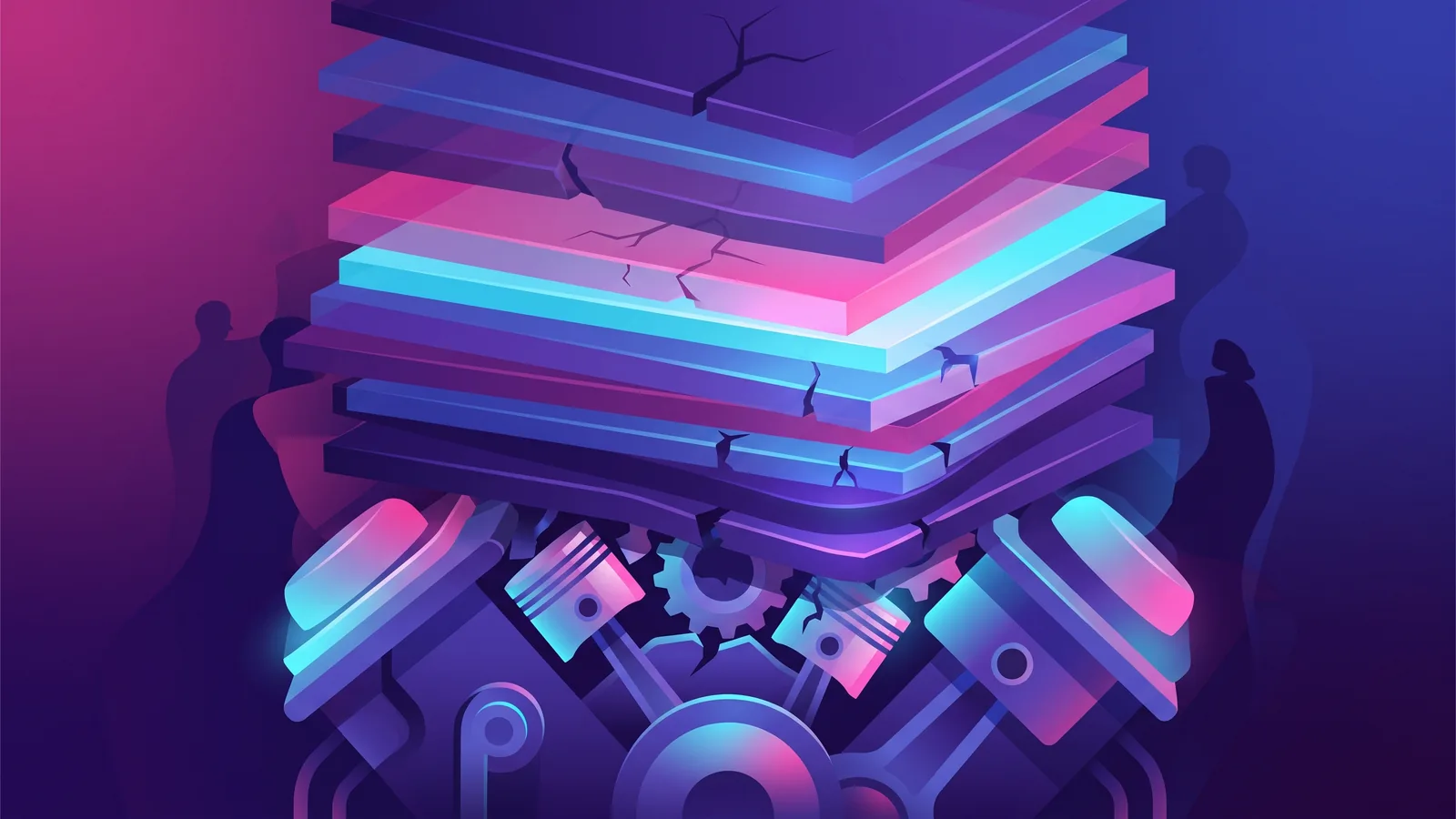 Cracked, translucent layers stacked atop a jammed motor mechanism