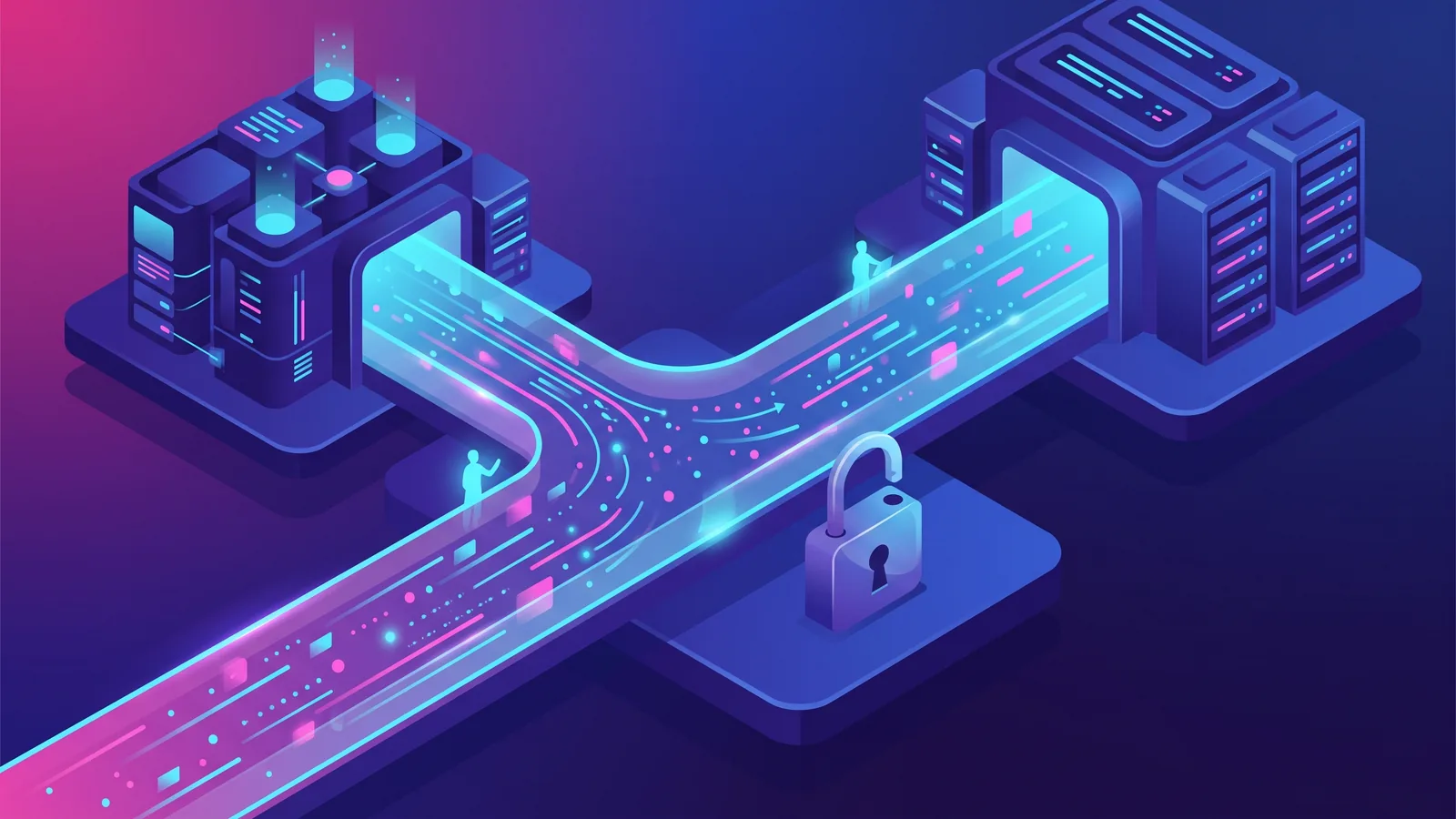 Data flows between two containers through an open conduit; the padlock next to it is open