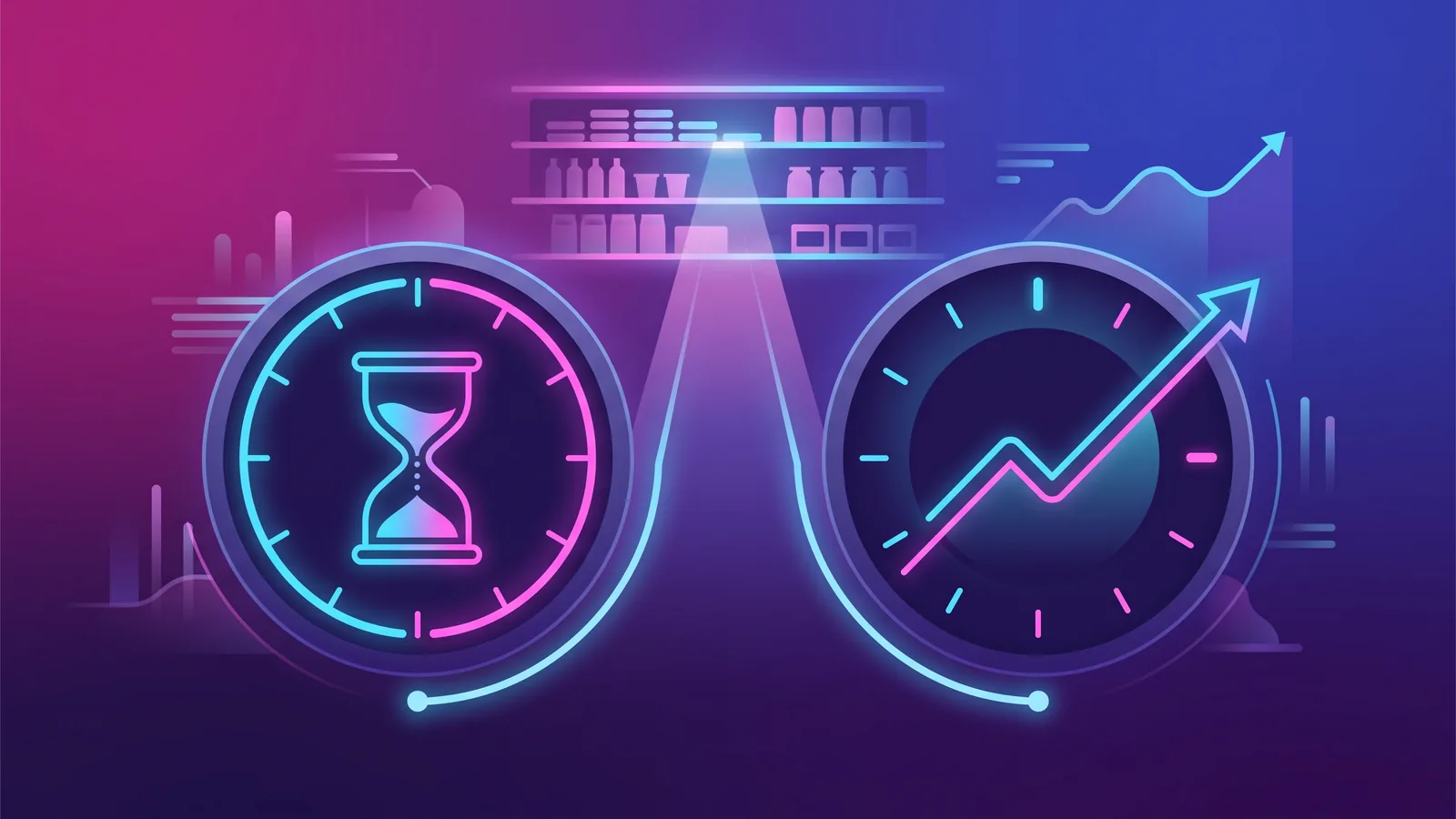 Two dials side by side: an hourglass for time, an upward curve for the margin